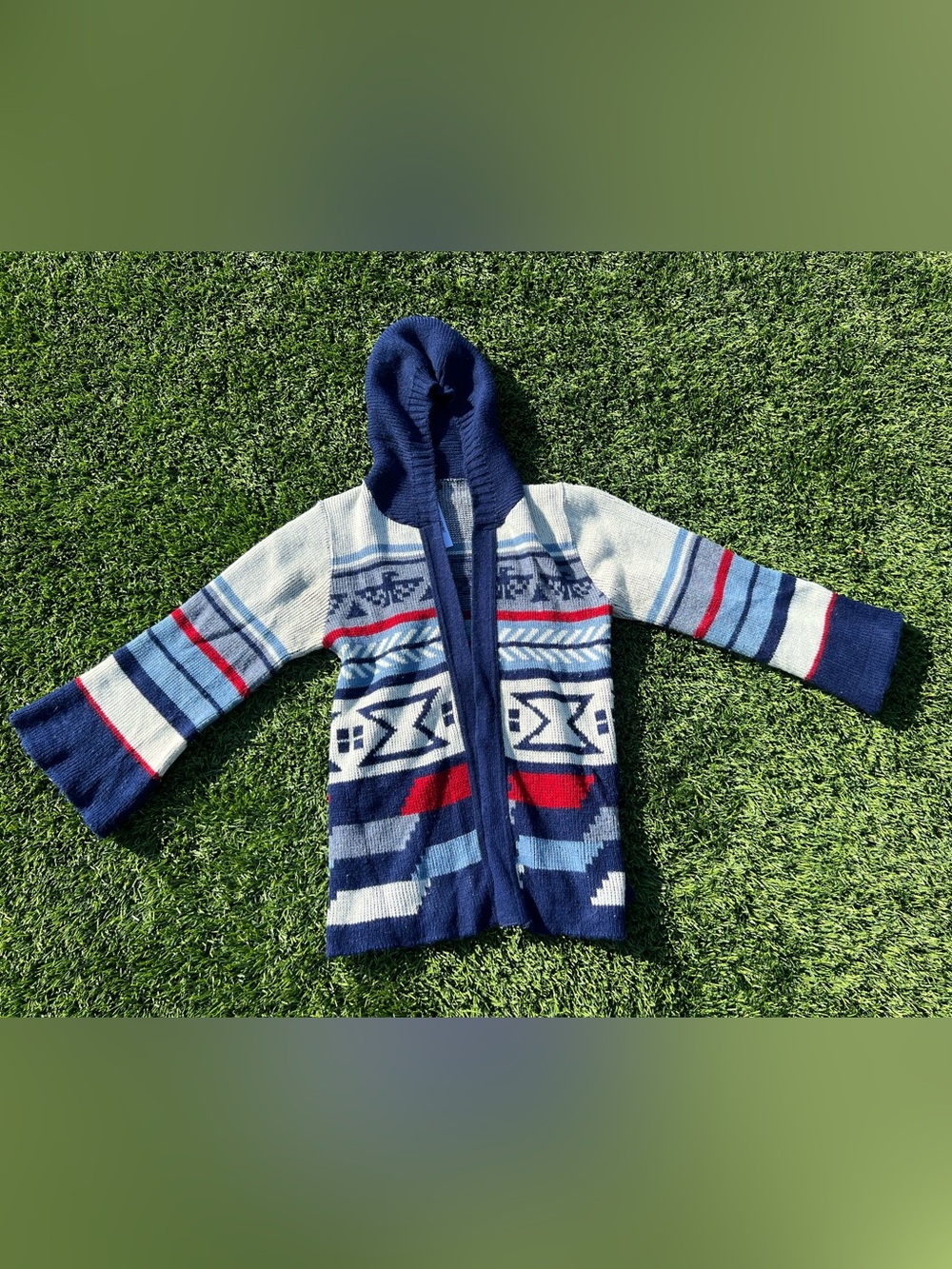 Hooded Open-Front Geometric Knit Cardigan Sweater - Navy, Light Blue & Red